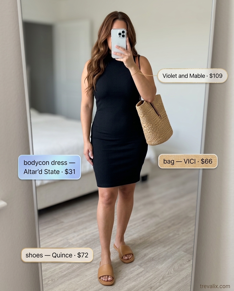 Airy coastal breeze outfit: sky blue bodycon dress, straw tote, leather slides. What to wear with bodycon dress summer 2026.