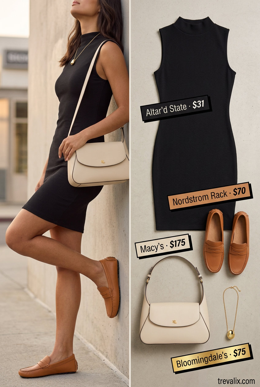 Cream bodycon dress with tan loafers and gold pendant necklace. What to wear with bodycon dress summer 2026.