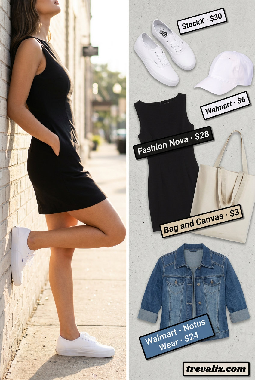 Light blue bodycon dress with denim jacket, canvas tote, and sneakers. What to wear with bodycon dress summer 2026.