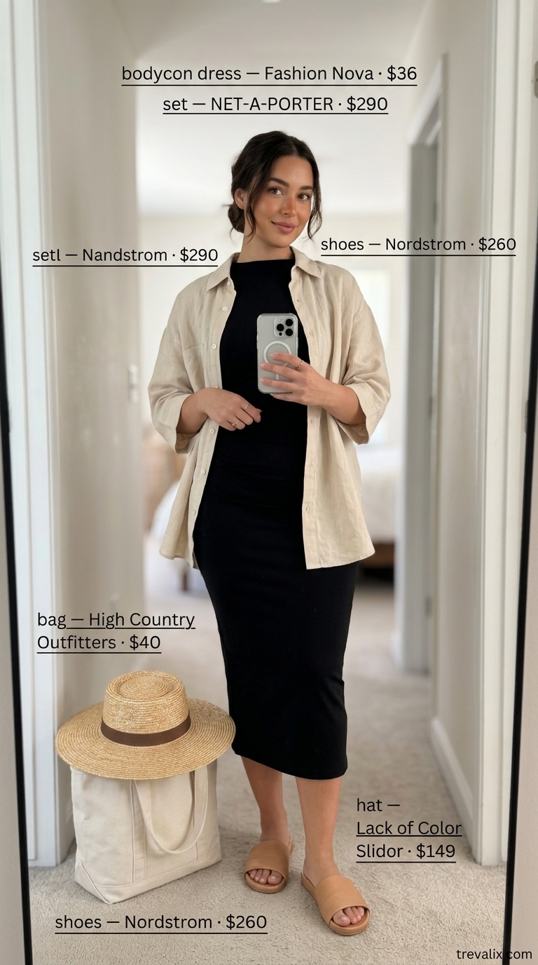 What to wear with bodycon dress summer 2026: Relaxed linen set outfit with straw hat and tote bag for travel.