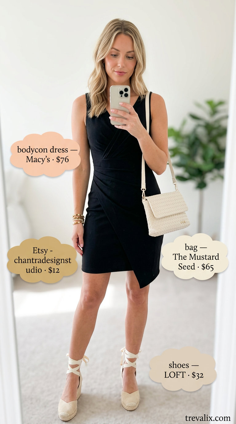 Mustard yellow bodycon dress with espadrille wedges and woven crossbody bag. What to wear with bodycon dress summer 2026.
