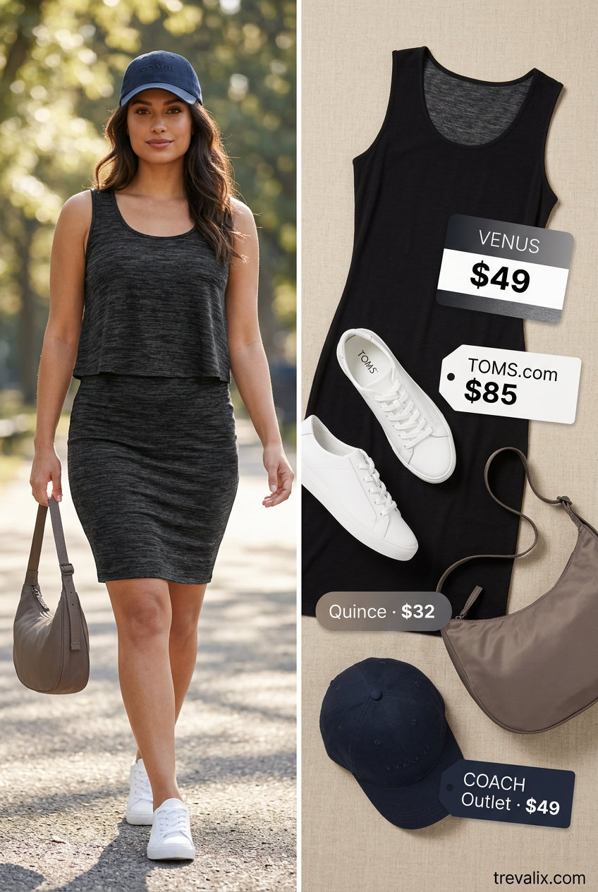 Navy blue bodycon dress with white sneakers and baseball cap. What to wear with bodycon dress summer 2026.