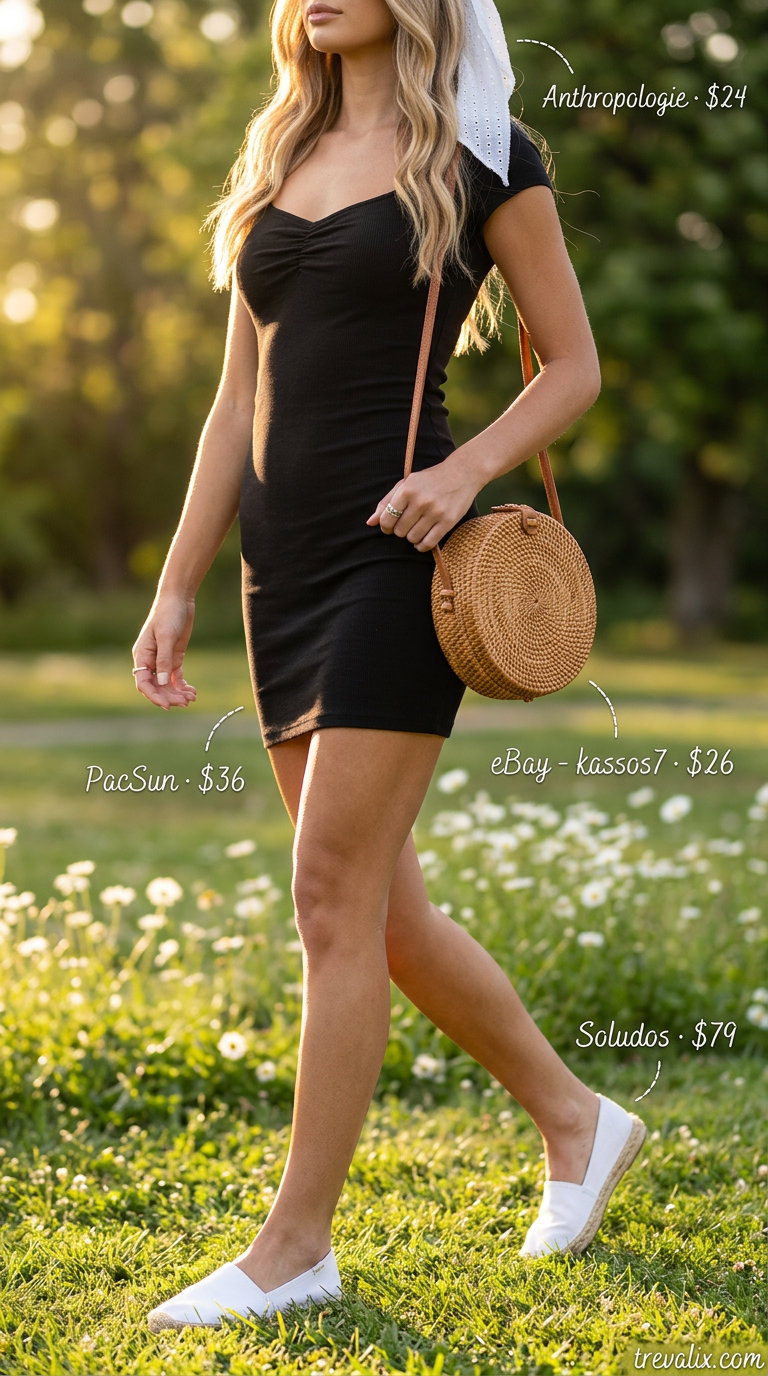 What to wear with bodycon dress summer 2026: Retro gingham bodycon dress with espadrilles and wicker bag for a picnic.