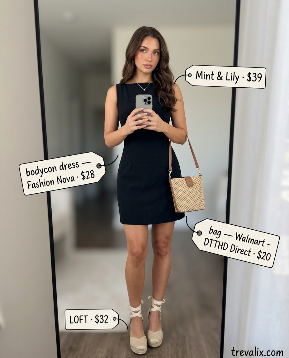 What to wear with bodycon dress summer 2026: Floral print bodycon dress with espadrille wedges, gold necklace and straw bag.