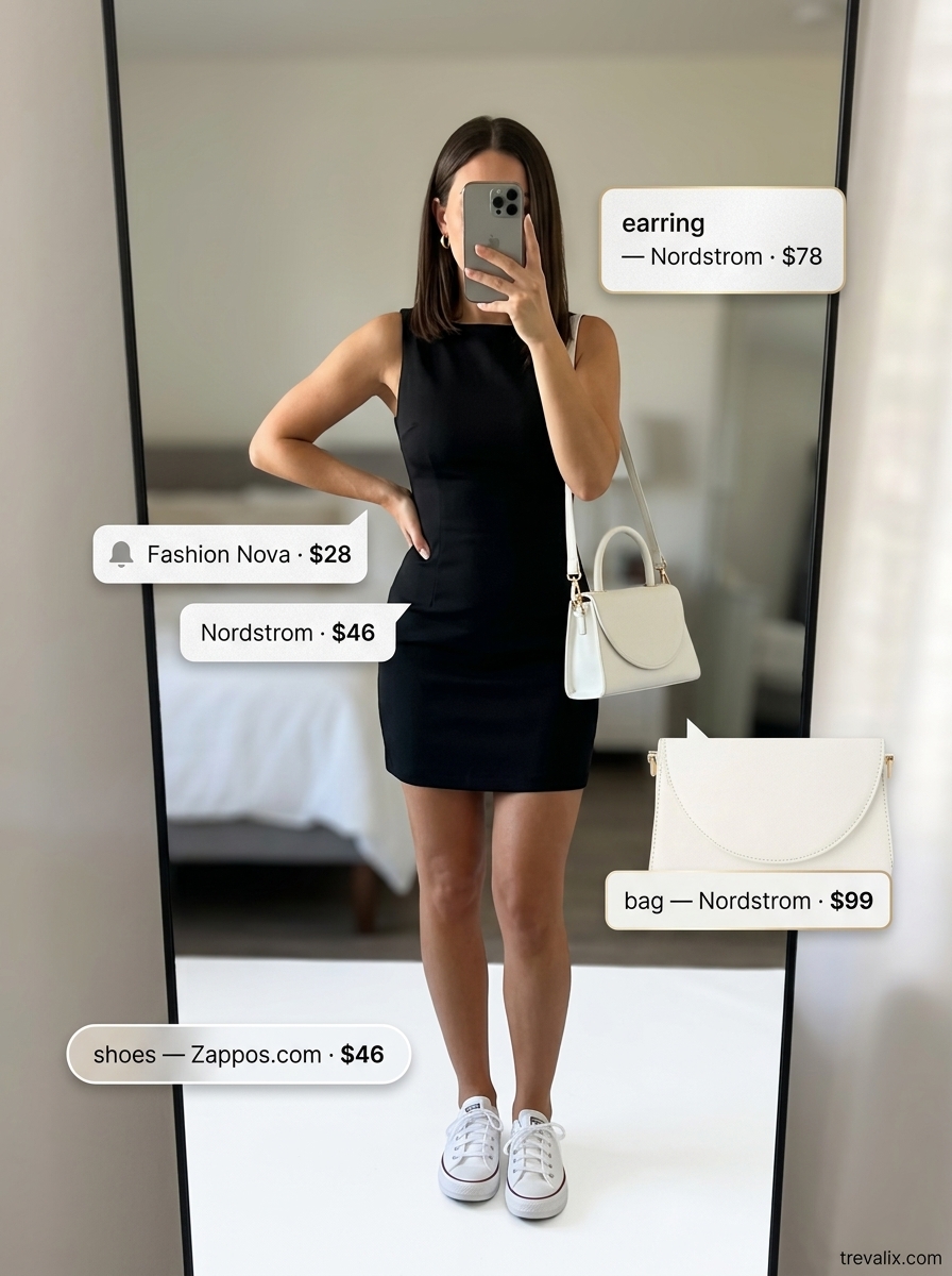 What to wear with bodycon dress summer 2026: Sunset orange bodycon mini dress with white sneakers, gold hoops and top-handle bag.
