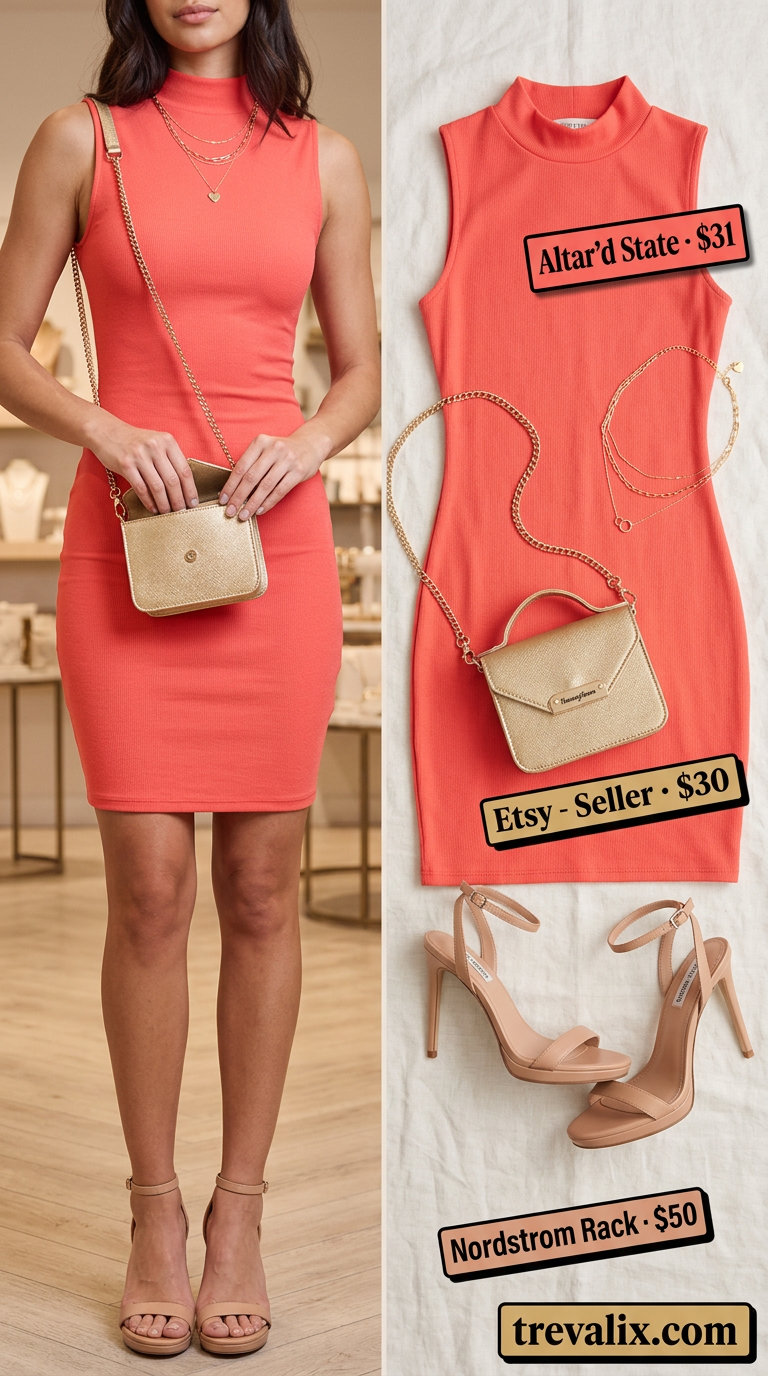 What to wear with bodycon dress summer 2026: Vibrant coral bodycon dress with gold jewelry, strappy heels and crossbody bag.