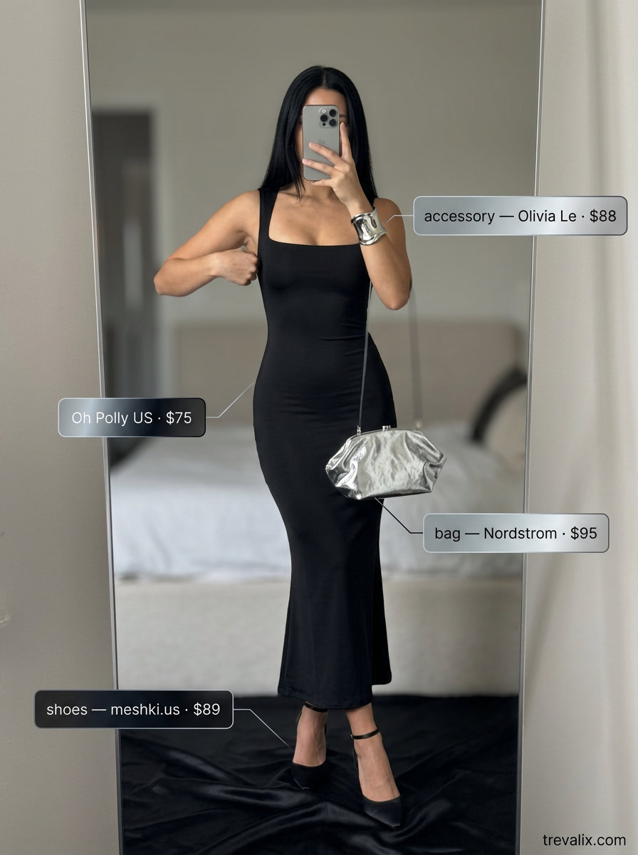 Elegant twilight chic bodycon dress outfit: black bodycon, silver cuff, heeled mules. What to wear with bodycon dress summer 2026.
