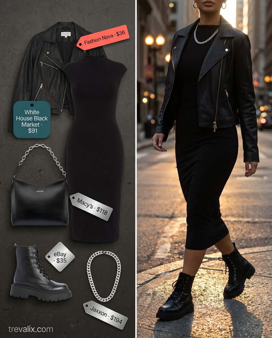 Edgy urban explorer outfit: black bodycon dress, faux leather moto jacket, combat boots, silver necklace. What to wear with bodycon dress summer 2026.