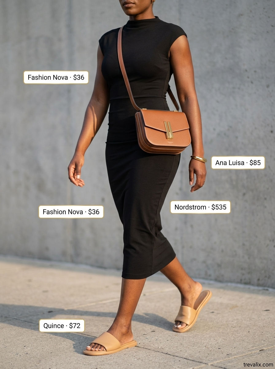 Relaxed urban oasis outfit: bodycon dress, olive pants, leather slides. What to wear with bodycon dress summer 2026.