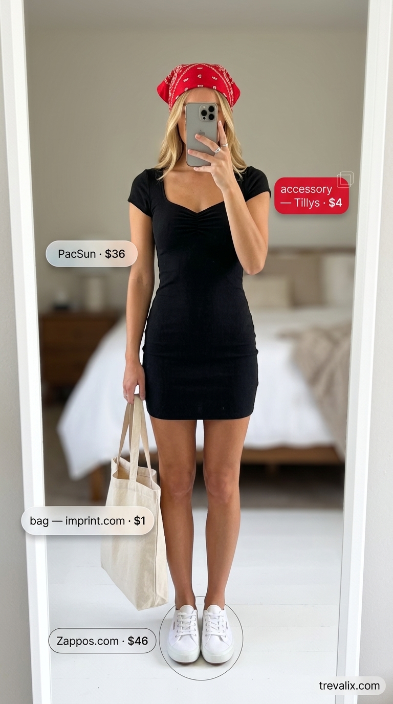 Playful weekend explorer outfit: denim bodycon dress, canvas sneakers, red bandana. What to wear with bodycon dress summer 2026.