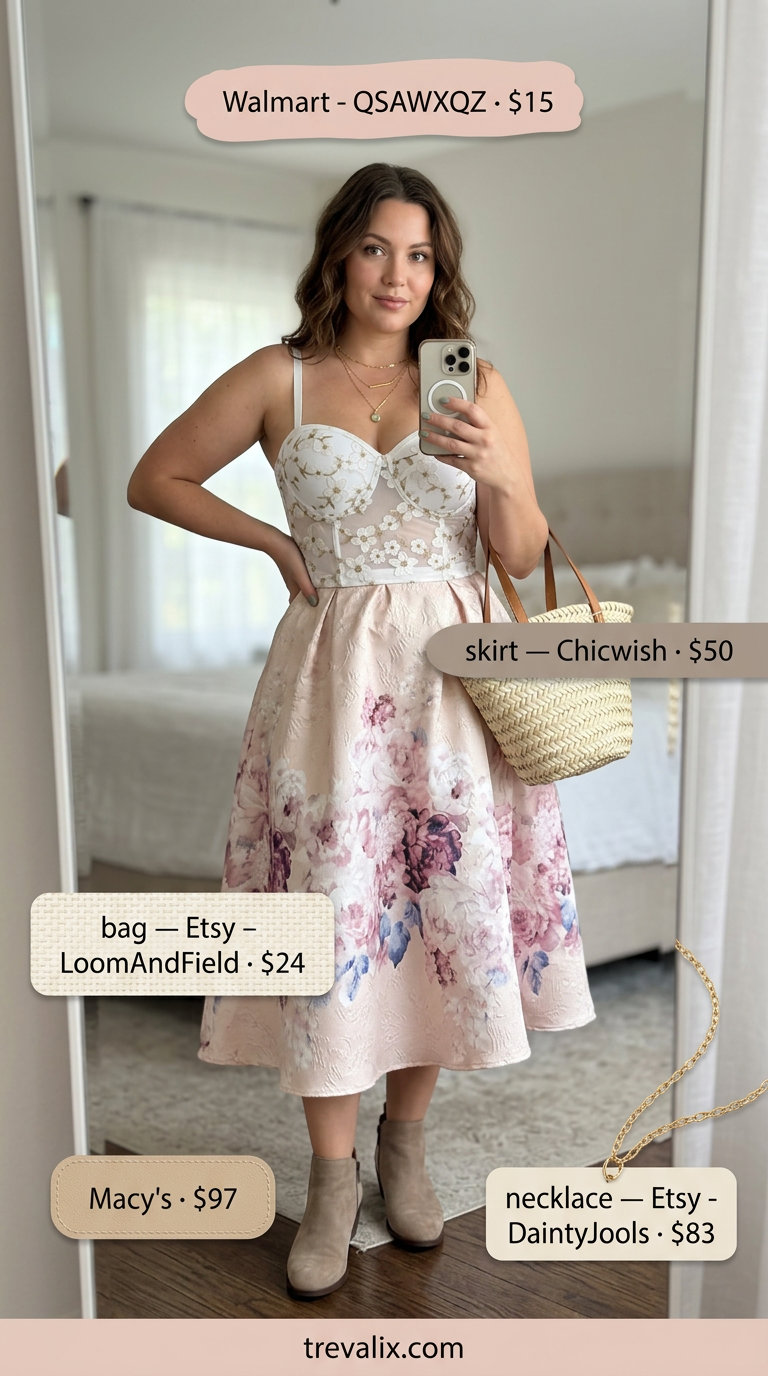 What to Wear with Bustier Top Summer 2026: Pastel floral skirt, cream floral bustier for boho.