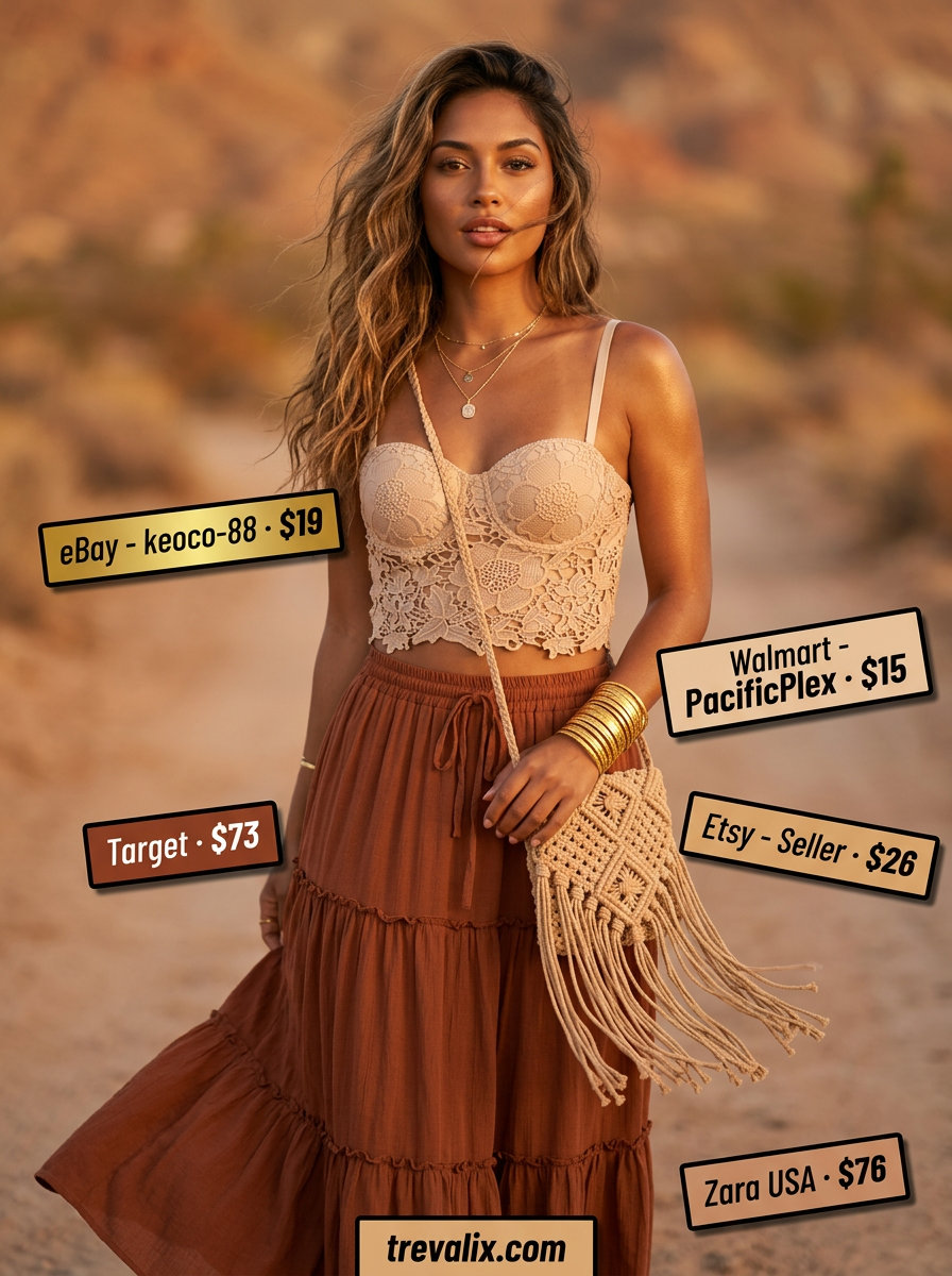 What to Wear with Bustier Top Summer 2026: Cream lace bustier, tiered maxi skirt, gold bangles for boho festival.