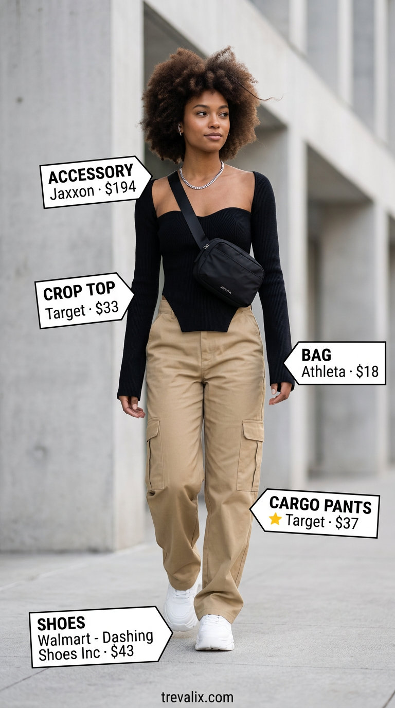 What to Wear with Bustier Top Summer 2026: Khaki cargo pants, black crop top, chunky sneakers for streetwear.