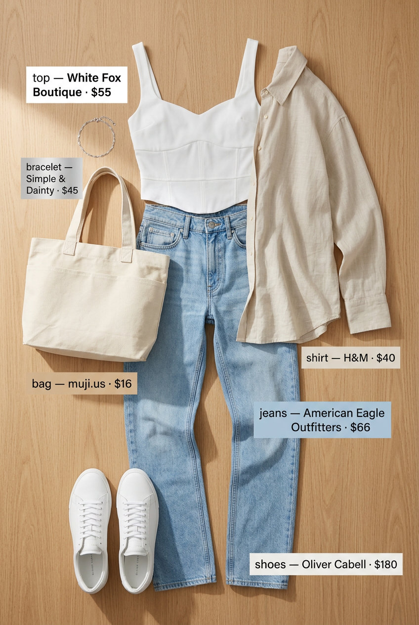 What to Wear with Bustier Top Summer 2026: White bustier, high-waisted jeans, oversized shirt for casual day.