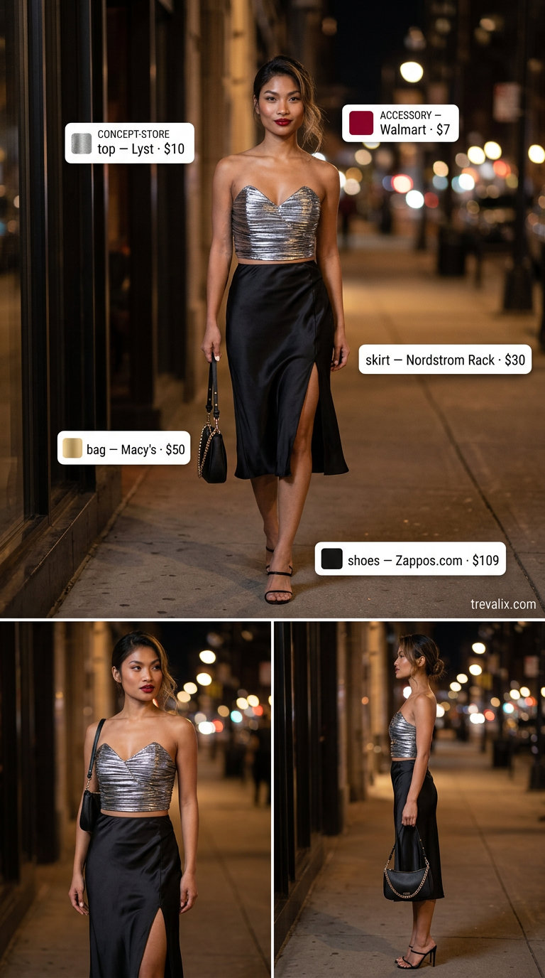 What to Wear with Bustier Top Summer 2026: Silver metallic bustier, black satin midi skirt, red lipstick for date night.