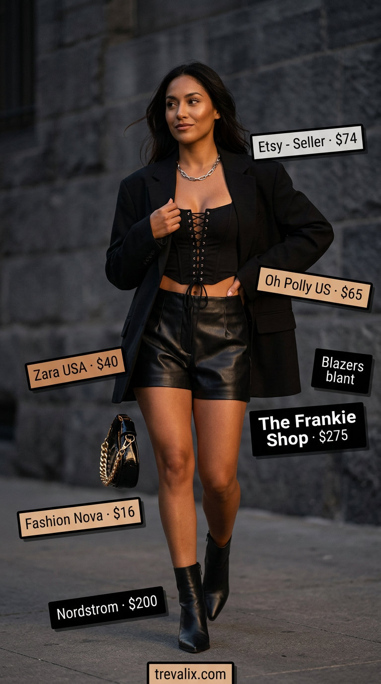 What to Wear with Bustier Top Summer 2026: Black corset top, faux leather shorts, oversized blazer for edgy night out.