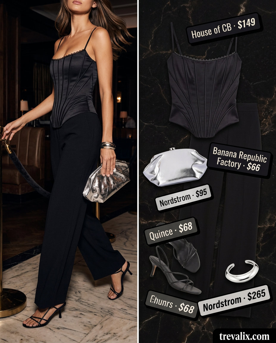 What to Wear with Bustier Top Summer 2026: Black satin bustier, wide-leg trousers, silver clutch for evening.