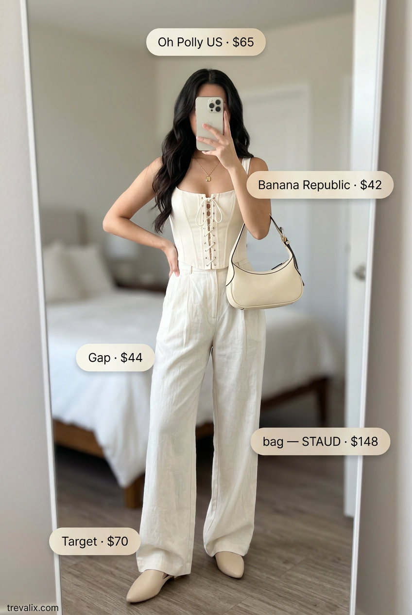 What to Wear with Bustier Top Summer 2026: Cream bustier, tailored trousers, leather mules for minimalist chic.