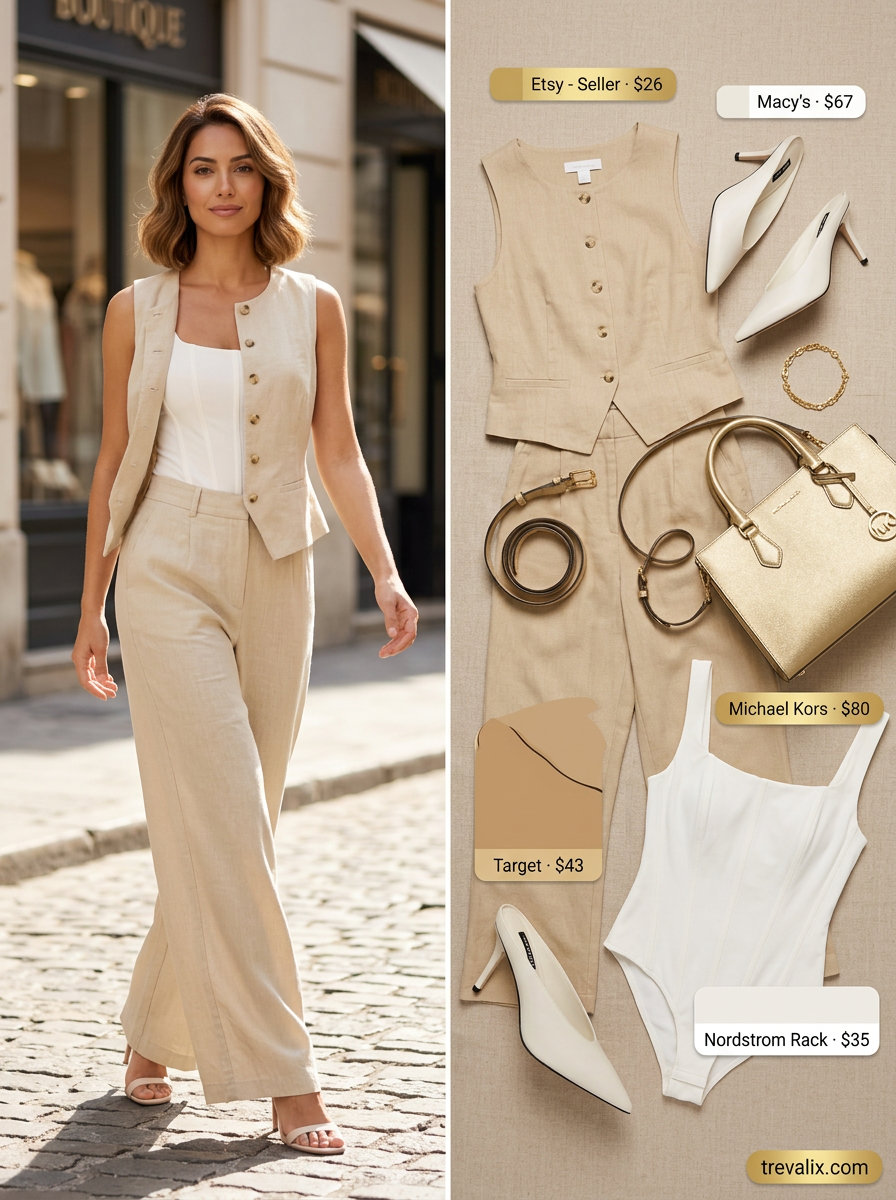 What to Wear with Bustier Top Summer 2026: Monochrome camel linen set, bustier, heeled mules for chic events.
