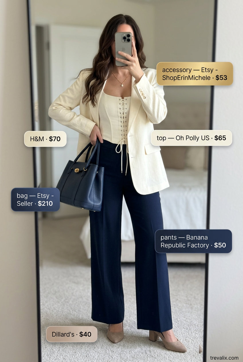 What to Wear with Bustier Top Summer 2026: Navy wide-leg pants, cream bustier, blazer for summer office.