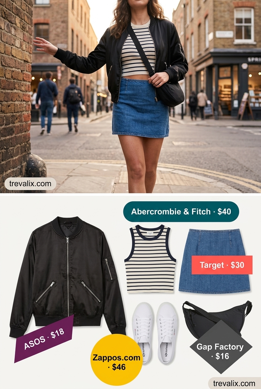 What to Wear with Bustier Top Summer 2026: Retro denim mini skirt, graphic tee, bomber jacket, sneakers for concert.