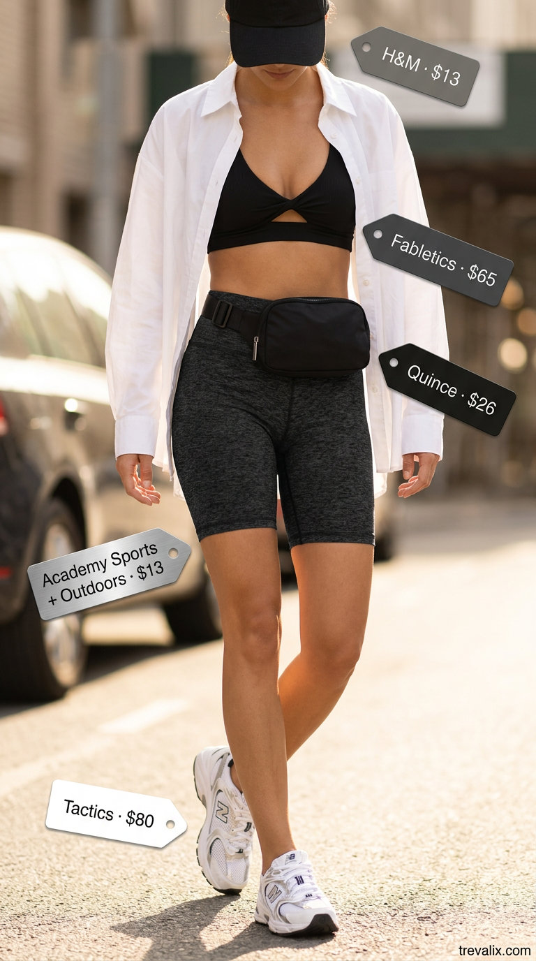 What to Wear with Bustier Top Summer 2026: Athletic bustier, biker shorts, oversized shirt for sporty errands.
