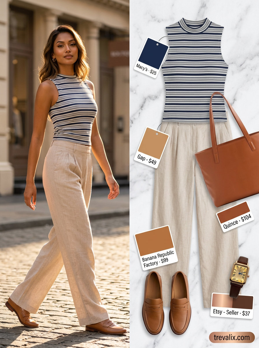 What to Wear with Bustier Top Summer 2026: Navy striped bustier, linen trousers, loafers for brunch.