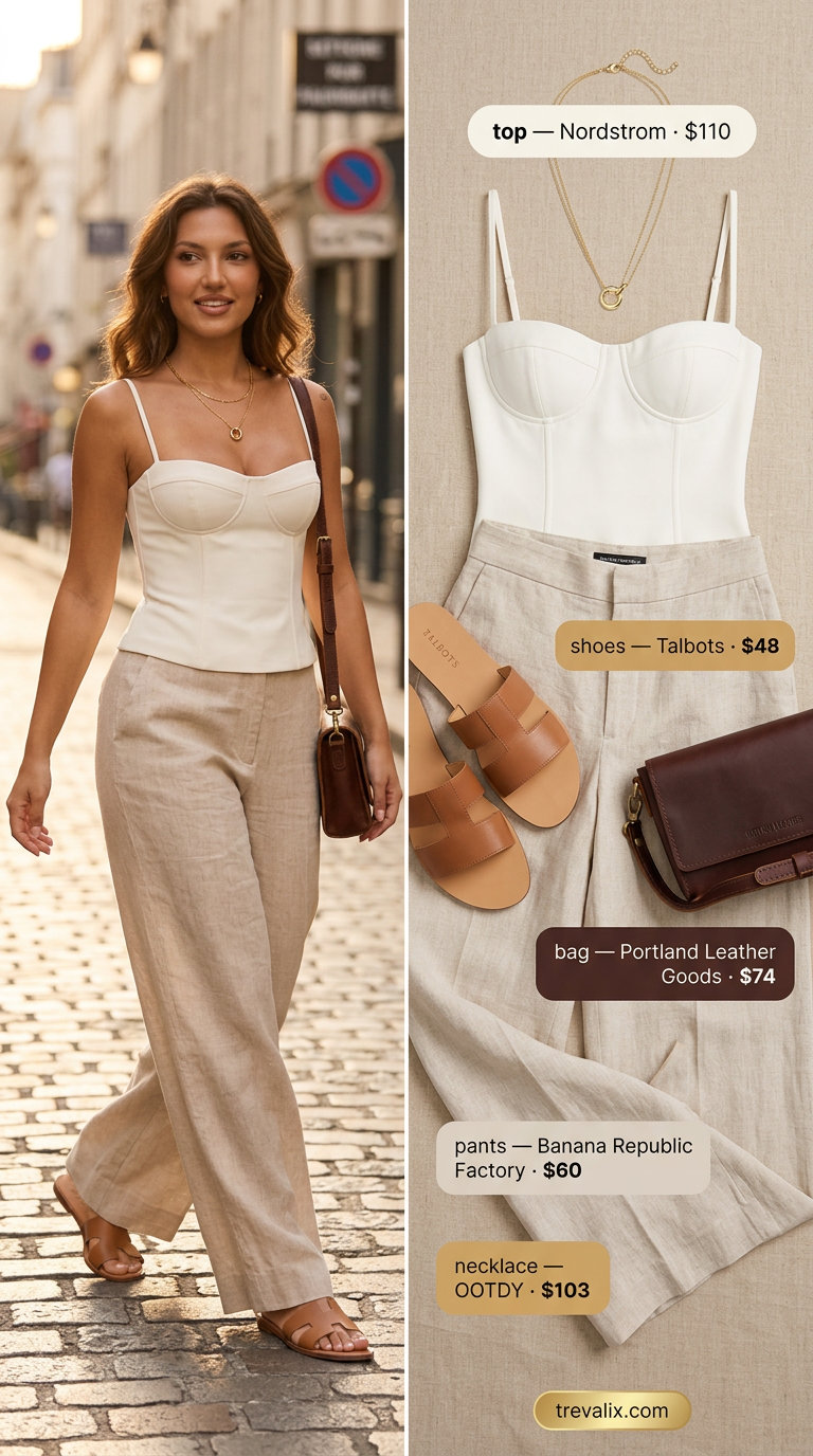 What to Wear with Bustier Top Summer 2026: Ivory linen bustier, beige linen pants for casual evening.
