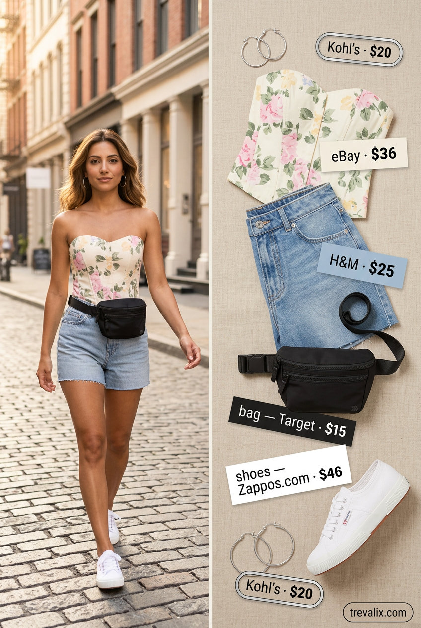 What to Wear with Bustier Top Summer 2026: Floral bustier, denim shorts for city exploration.