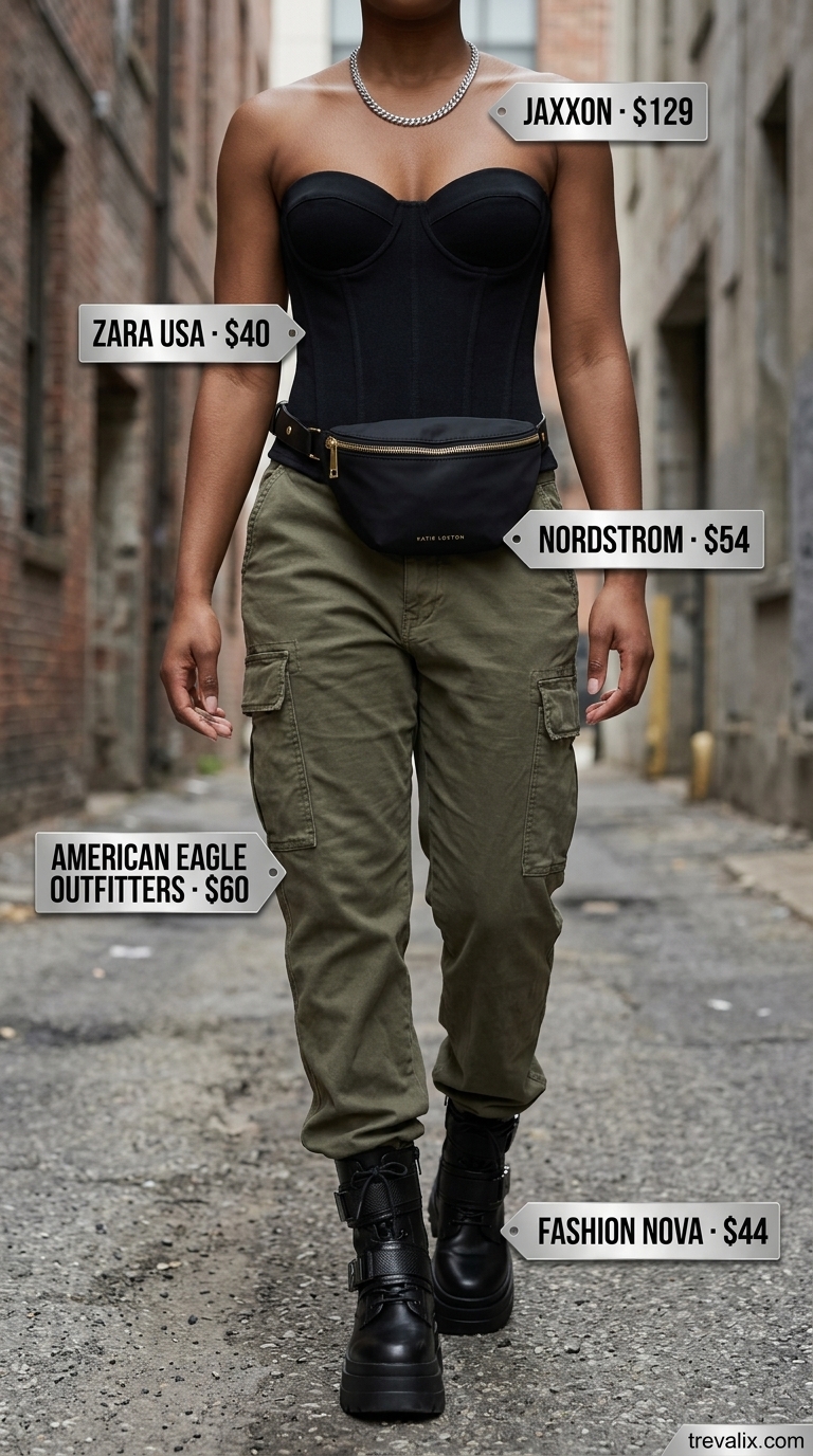 What to Wear with Bustier Top Summer 2026: Olive cargo pants, black bustier, combat boots.