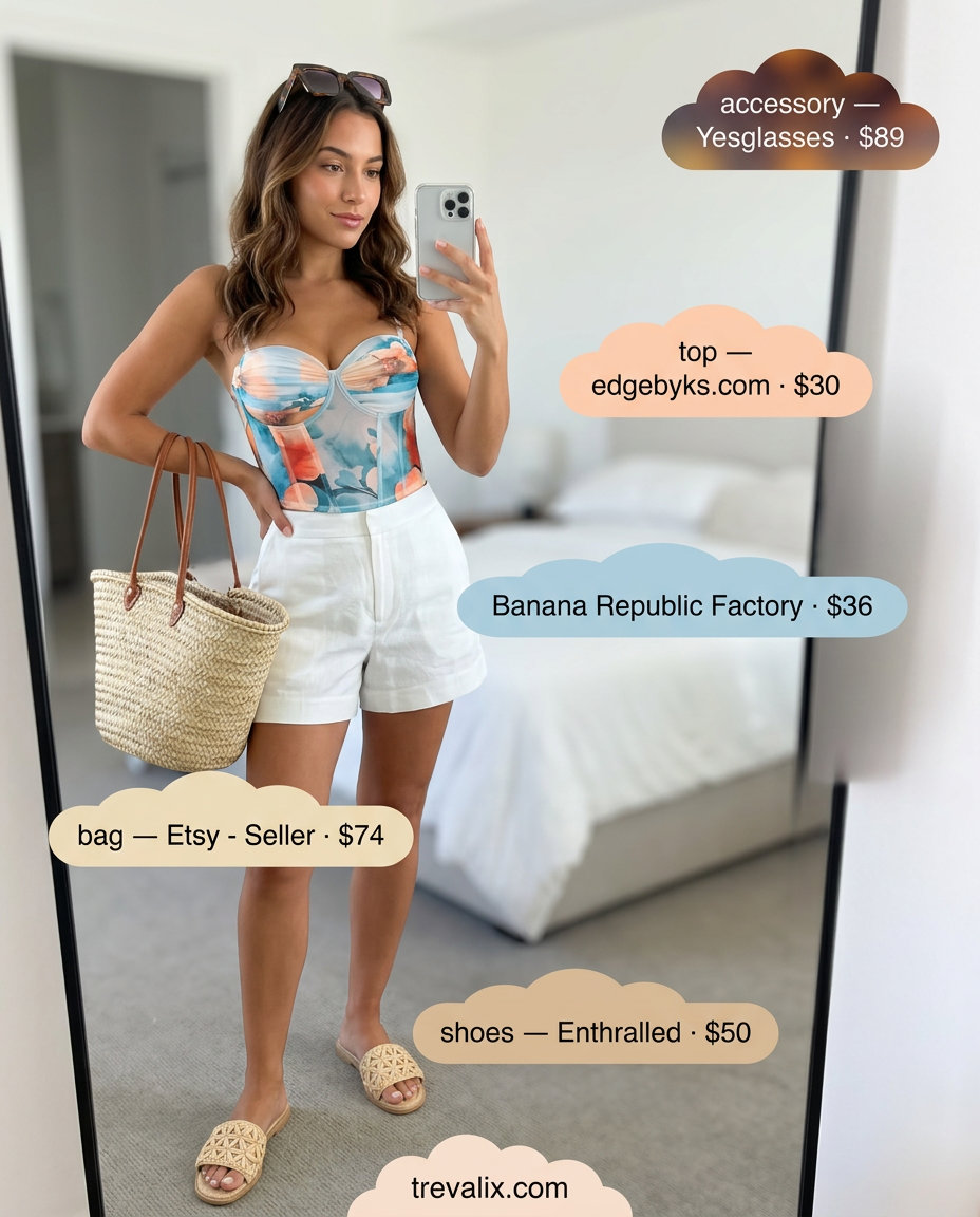 What to Wear with Bustier Top Summer 2026: Coral bustier, linen shorts, straw tote for vacation.