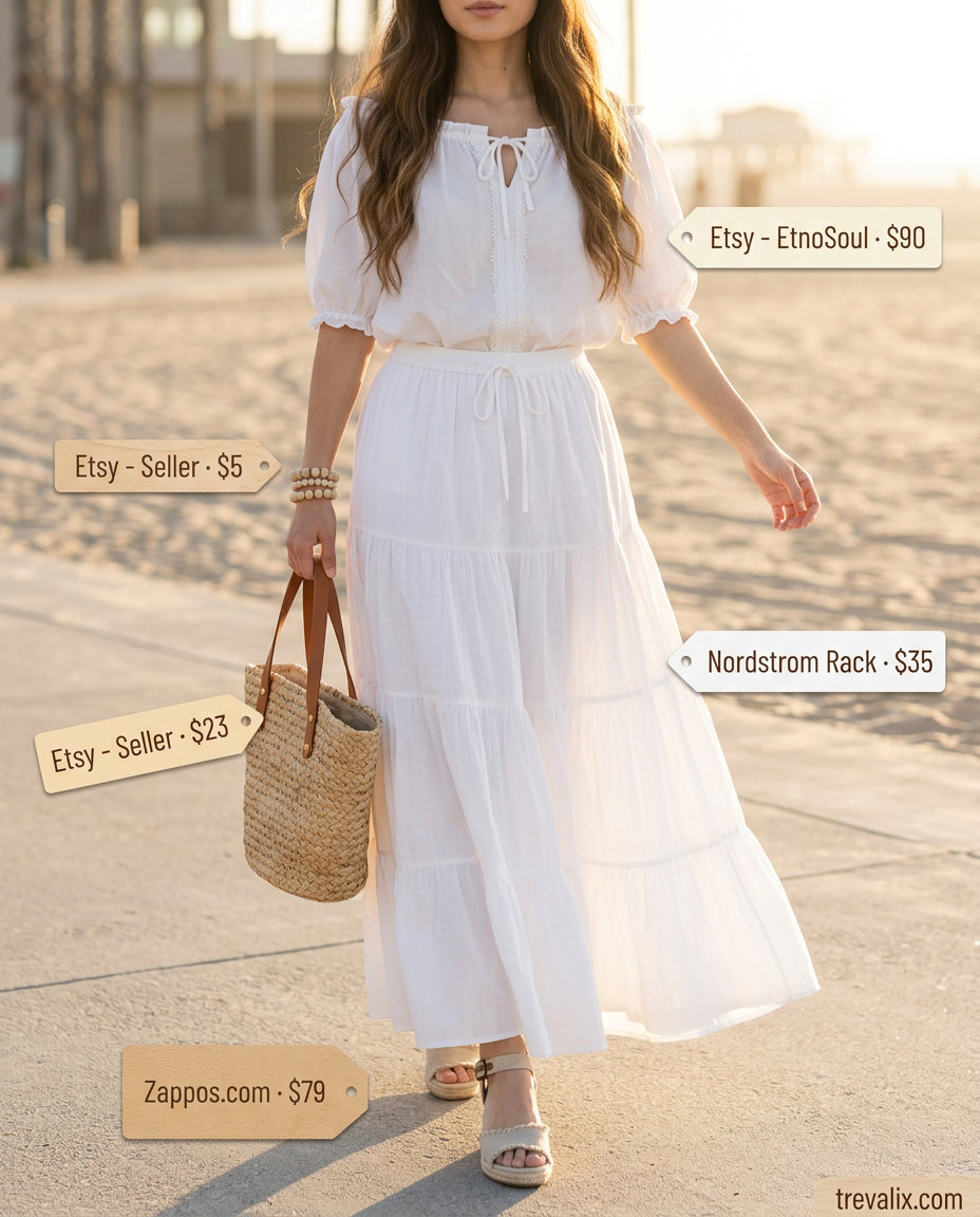 What to Wear with Mesh Top Summer 2026: Boho white mesh peasant blouse with a tiered maxi skirt and espadrilles.