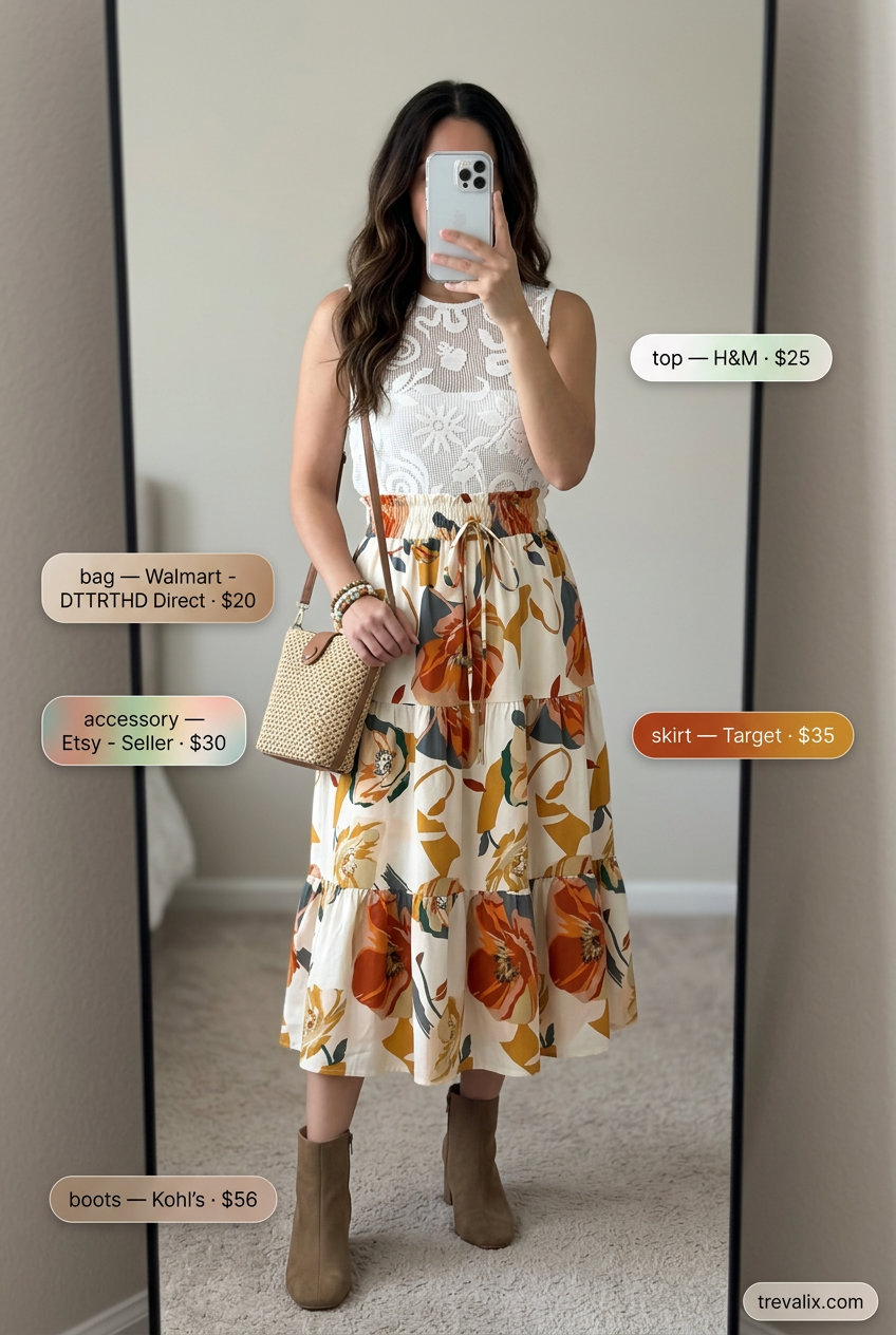 What to Wear with Mesh Top Summer 2026: White floral burnout mesh top with tiered floral midi skirt for boho style.
