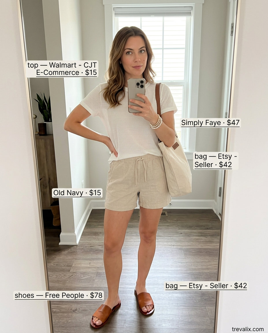 What to Wear with Mesh Top Summer 2026: White mesh t-shirt with beige linen shorts for casual errands.