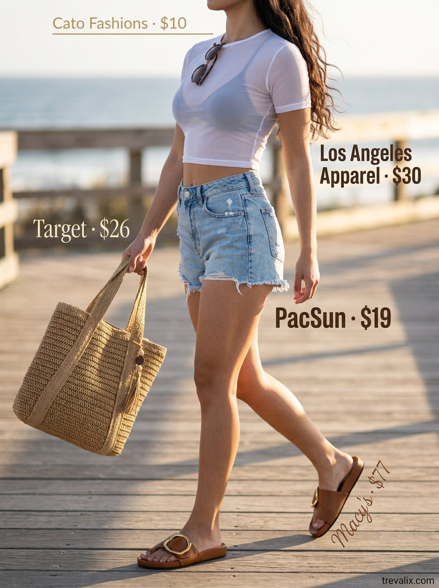What to Wear with Mesh Top Summer 2026: White mesh top with denim shorts, leather slides, and straw tote for beach day.