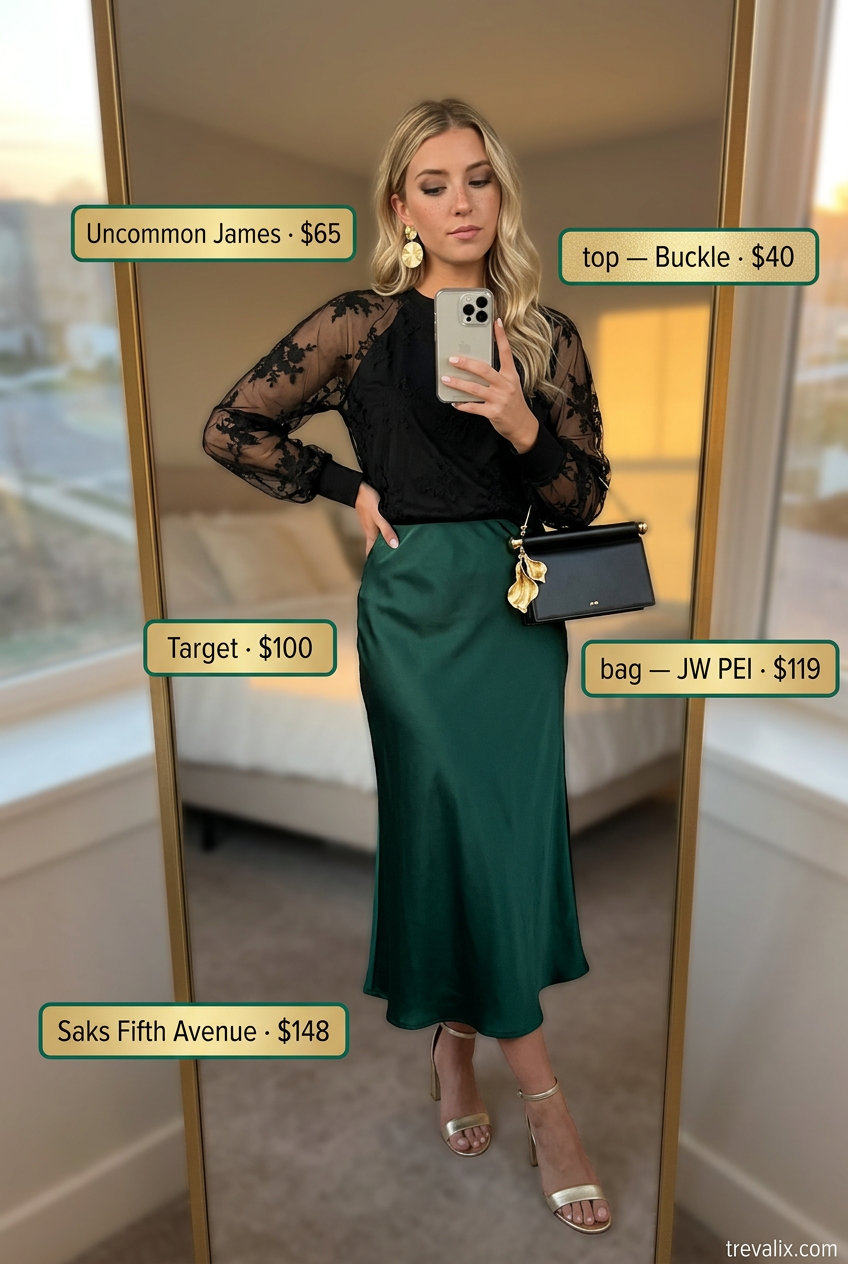What to Wear with Mesh Top Summer 2026: Black embroidered mesh top with emerald green satin midi skirt for cocktail hour.