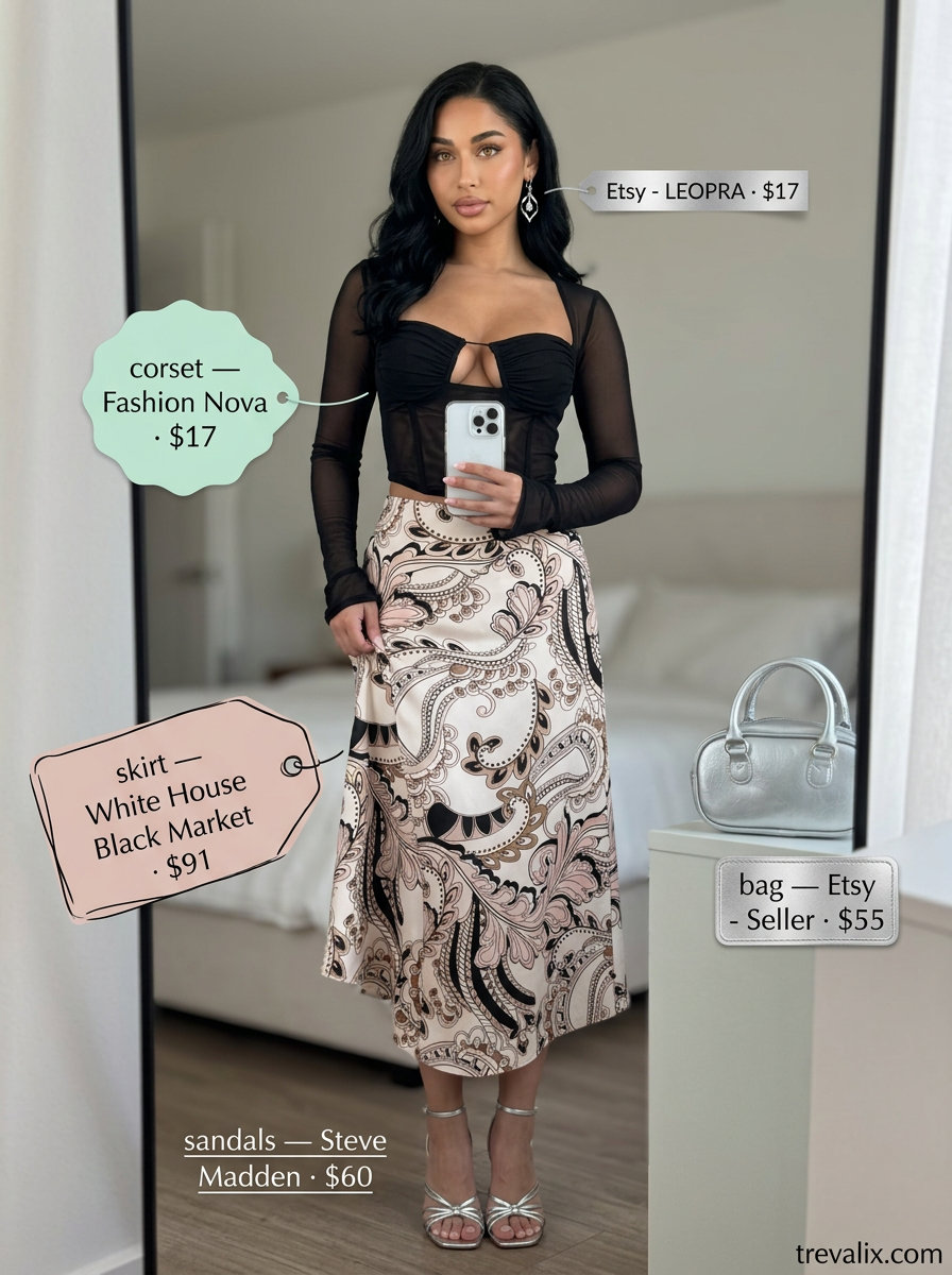 What to Wear with Mesh Top Summer 2026: Black sweetheart mesh top with dusty rose satin midi skirt for date night.
