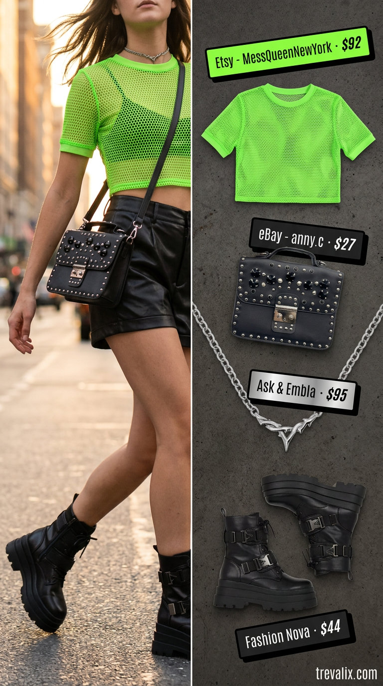 What to Wear with Mesh Top Summer 2026: Green mesh crop top with denim shorts, combat boots, and crossbody bag for festival.