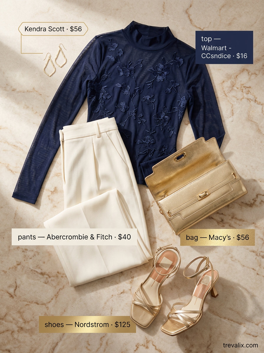 What to Wear with Mesh Top Summer 2026: Navy embroidered mesh top with cream wide-leg trousers for formal events.