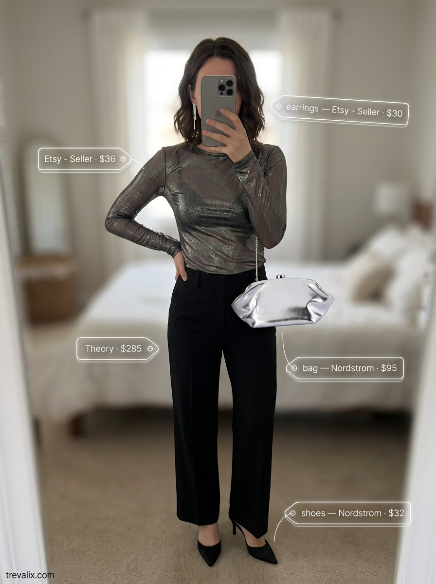 What to Wear with Mesh Top Summer 2026: Black sequin mesh top with tailored trousers and stiletto heels for a cocktail party.