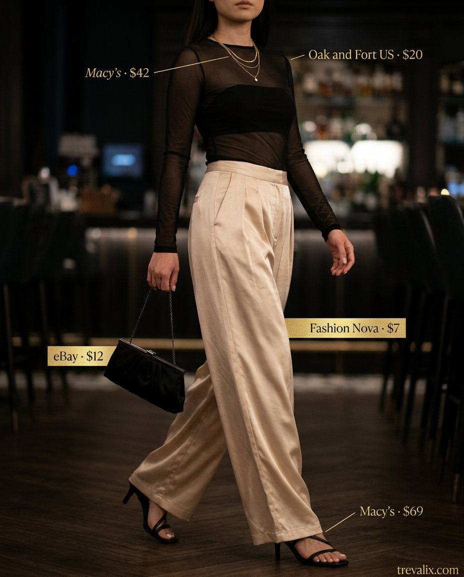What to Wear with Mesh Top Summer 2026: Elegant black mesh top with champagne satin pants for date night.