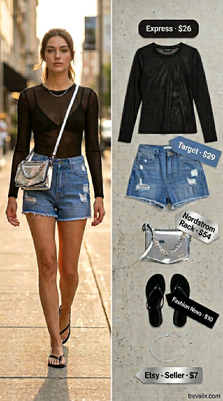 What to Wear with Mesh Top Summer 2026: Black sheer mesh top with denim shorts, silver accessories for a cool evening look.