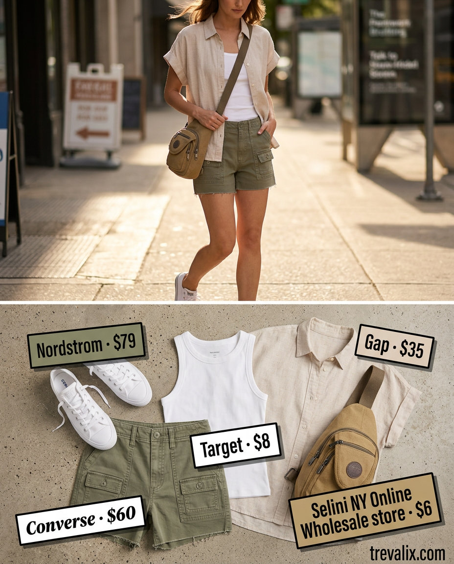 What to Wear with Mesh Top Summer 2026: Olive cargo shorts, white tank, and oversized linen shirt for urban exploration.