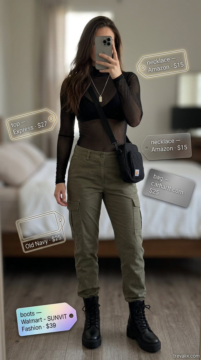 What to Wear with Mesh Top Summer 2026: Fitted black mesh top with khaki cargo pants and combat boots for urban style.