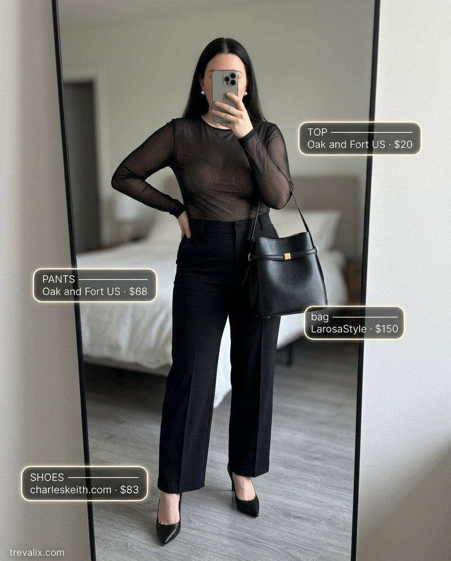What to Wear with Mesh Top Summer 2026: All black outfit with fitted mesh top and tailored trousers for work events.