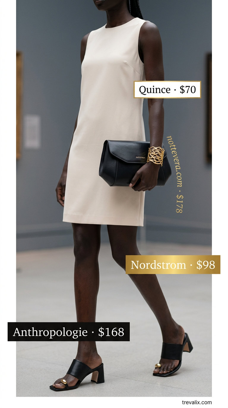 What to Wear with Sundress Summer 2026: Beige sheath sundress, black mules, gold cuff for an art gallery opening.