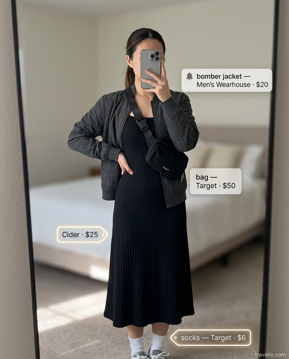 What to Wear with Sundress Summer 2026: Black knit sundress, bomber jacket, sneakers, socks, and belt bag for an athleisure look.