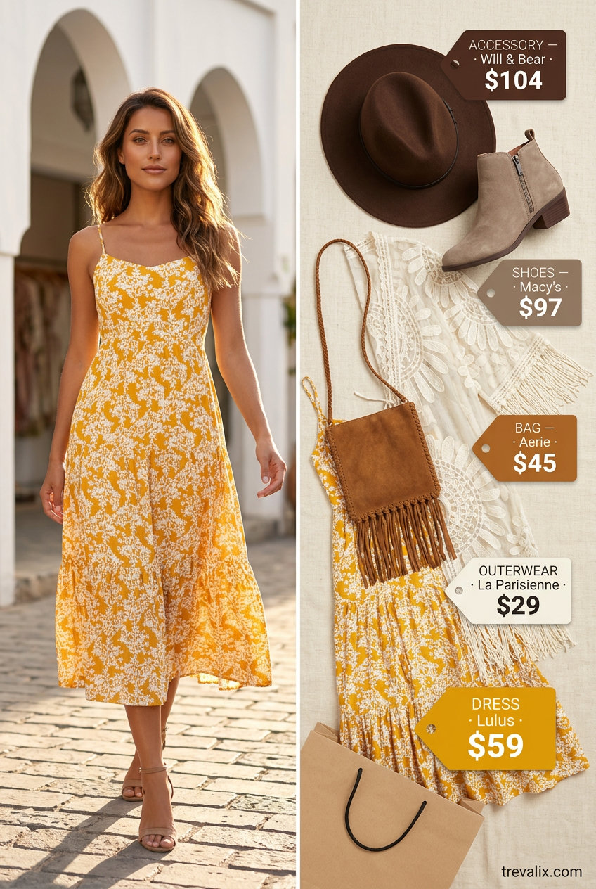 What to Wear with Sundress Summer 2026: Mustard yellow printed midi sundress, kimono, suede boots, felt hat, crossbody bag.