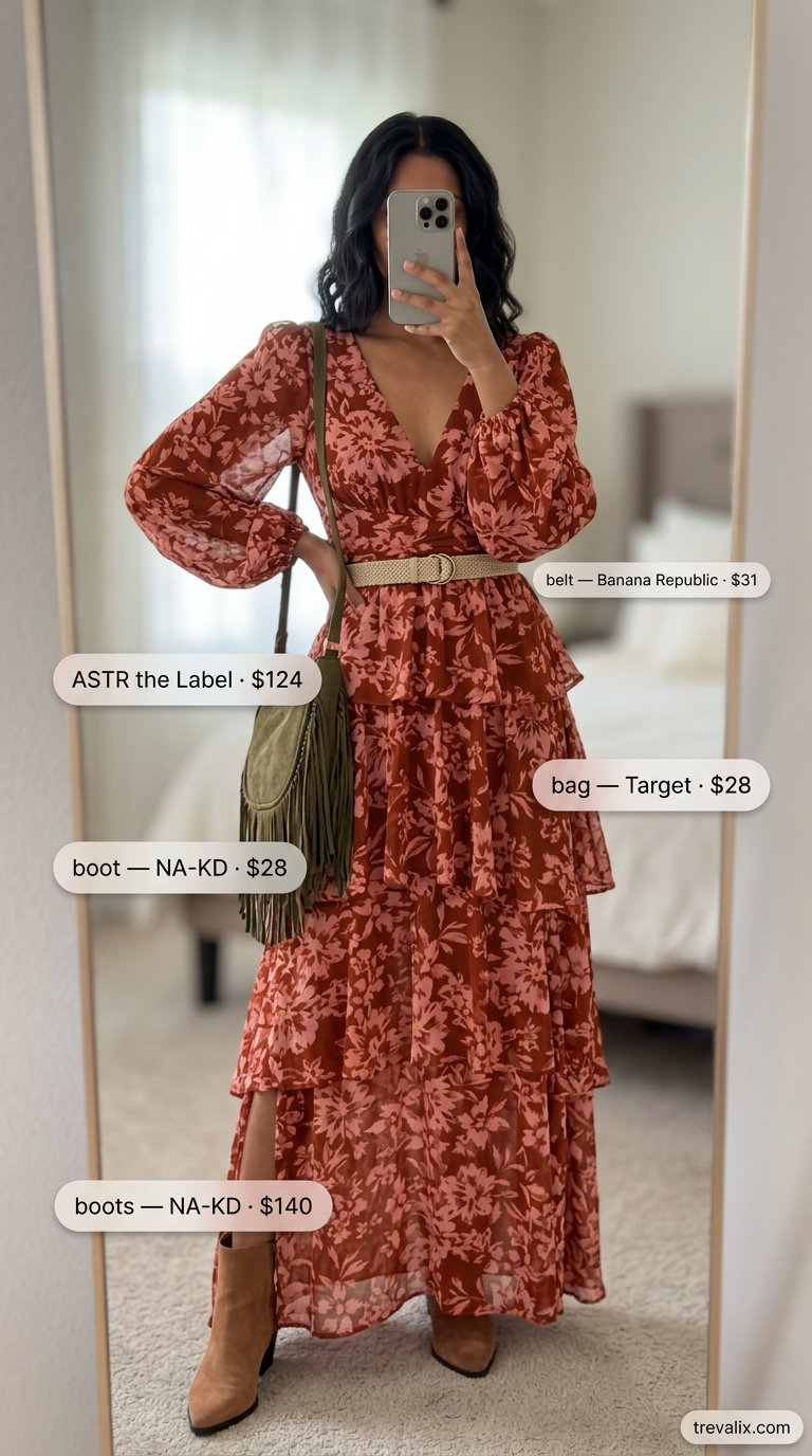 What to Wear with Sundress Summer 2026: Rust orange floral maxi sundress, suede boots, fringe bag, and woven belt for a boho festival look.
