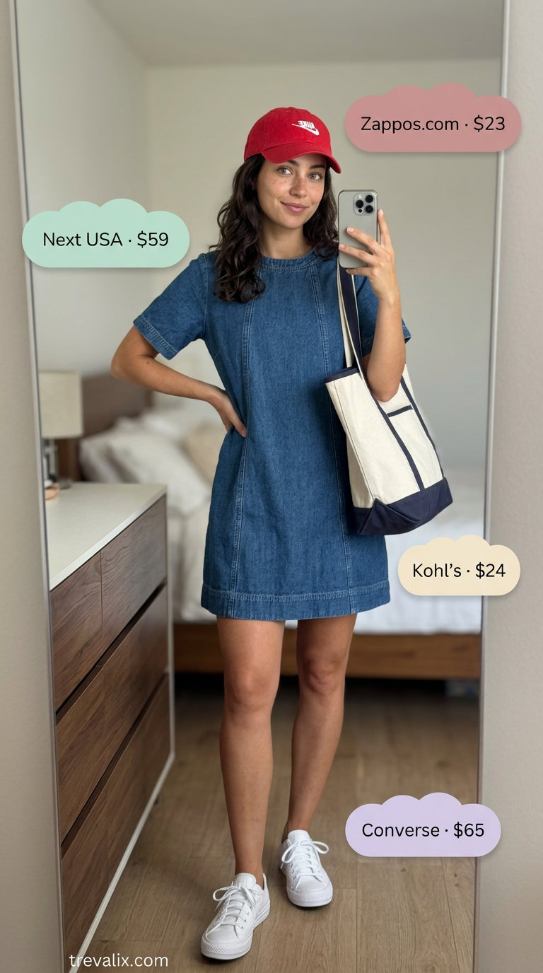 What to Wear with Sundress Summer 2026: Navy t-shirt sundress, white sneakers, canvas tote, and red cap for casual California style.